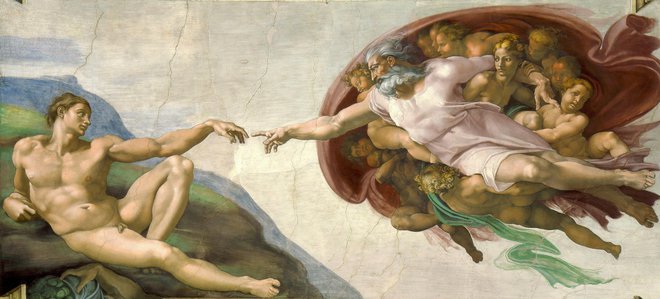 Stvarjenje Adama, Michelangelo: Bog z angeli je zanesljiva, čeprav neukemu nevidna in zastrta podoba možganov. Prepoznamo lahko anatomijo središčnega prereza z režnji, žilami in možganskim deblom.