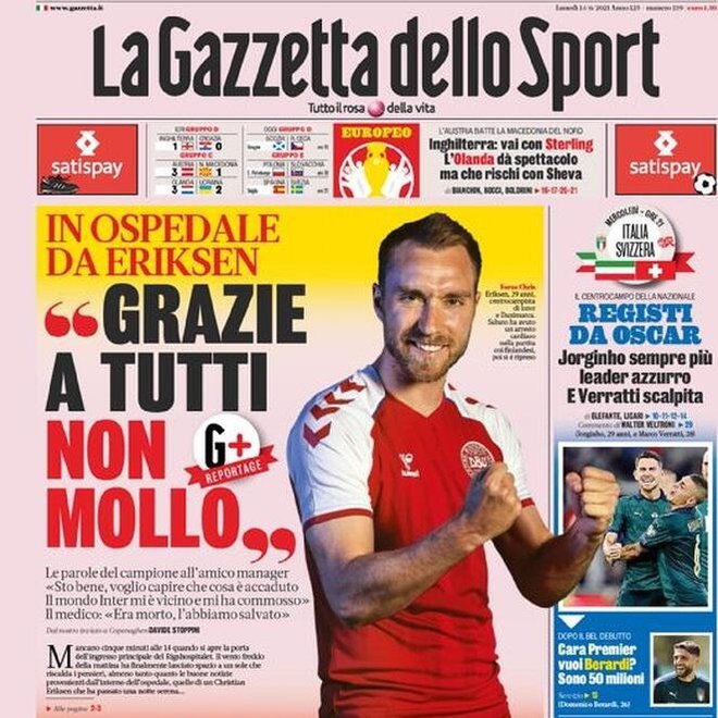 Christian Eriksen na naslovnici italijanskega športnega dnevnika. FOTO: La Gazzetta Dello Sport