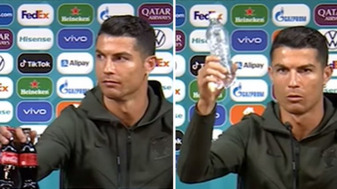 Ronaldo je dal jasno vedeti, kaj si misli o sladkih pijačah. FOTO: zajem zaslona