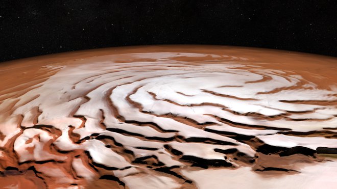 Na Marsu je največ vode na severnem polu, ki ga prekriva več kilomet&shy;rov debel ledeni pokrov. Foto Esa