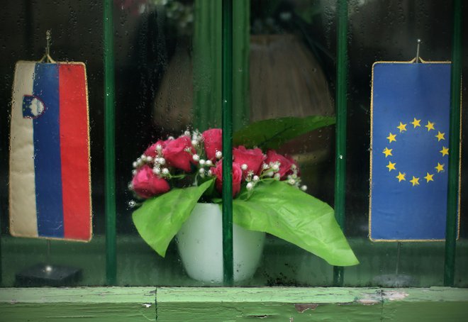 Slovenska in zastava EU skupaj tudi v Tokiu? FOTO: Jure Eržen/Delo