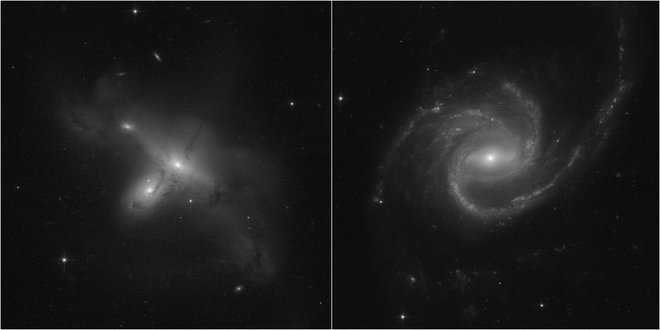 S to fotografijo se je Hubble vrnil med žive. Na levi je prikazana interakcija med dvema galaksijama, na desni je ogromna spiralna galaksija z nenavadno podaljšanimi spiralnimi kraki. FOTO: Nasa, Esa, STSCI