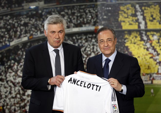 Novi Realov trener Carlo Ancelotti in predsednik Florentino Perez. FOTO: Susana Vera/Reuters