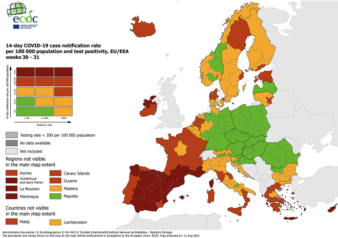 Evropski center za obvladovanje in preprečevanje bolezni (ECDC) je danes objavil nov epidemiološki zemljevid Evrope, na katerem sta zahodni in osrednji del Slovenije po novem obarvana oranžno. Preostanek države medtem ostaja obarvan zeleno. INFOGRAFIKA: ECDC