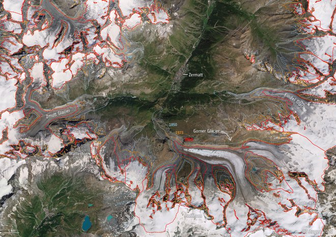 Do kod je nekoč segal sistem ledenikov v okolici ledenika Gorner. Za zemljevid so uporabljeni historični podatki švicarskega centra za opazovanje ledenikov in posnetek satelita Copernicus Sentinel-2.<br />
Viri: Maisch et. al, 2000; Muller et. al, 1976 and Maisch et. al, 2000; Fischer et. al, 2014 FOTO: Esa