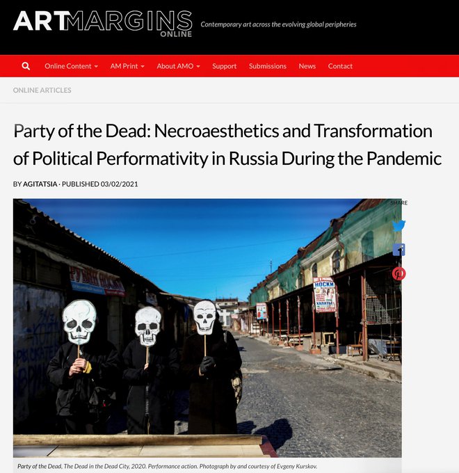 Skupina Agitatsia je februarja v reviji ArtMargins objavila raziskavo z naslovom Stranka mrtvih: nekroestetika in transformacija politične performativnosti v času pandemije. Foto zajem zaslona