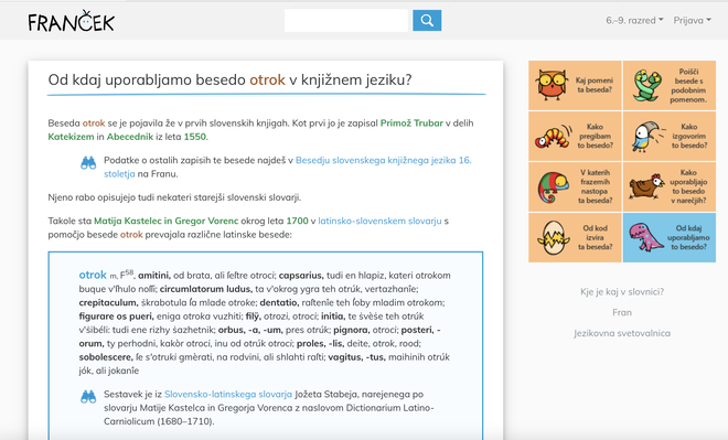 Portal, ki ga je slikovno opremil Jaka Vukotič, je sestavljen iz osmih razdelkov: pomen, sopomenke, pregibanje, izgovor, frazemi, narečja, izvor in zgodovina. FOTO: arhiv portala Franček