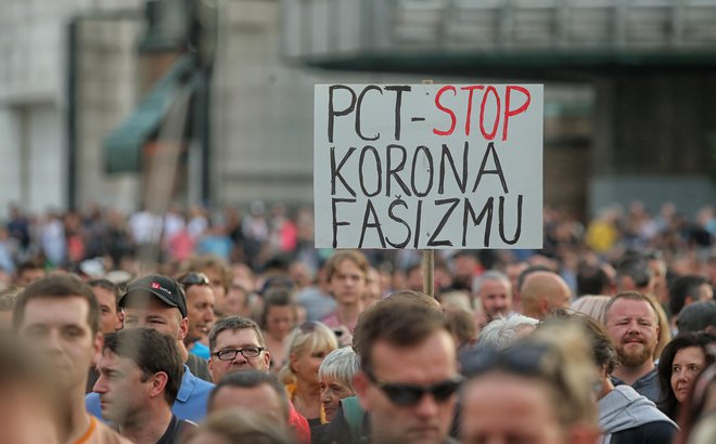 Včeraj je proti uvedbi pogojev PCT pred parlamentom protestiralo okoli 8000 ljudi. FOTO: Blaž Samec/Delo
