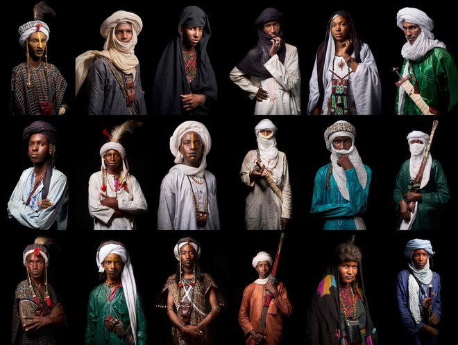 Ta kombinacija fotografij, posnetih v Ingallu, na severu Nigera, prikazuje portrete članov fumanskih in tuareških nomadov iz Sahela in Sahare, ki so se udeležili festivala Cure Salee. Na tisoče ljudi je sodelovalo na tridnevnem festivalu, ki je potekal na obrobju starega trgovskega mesta Ingall. FOTO: Michele Cattani/Afp<br />
&nbsp;