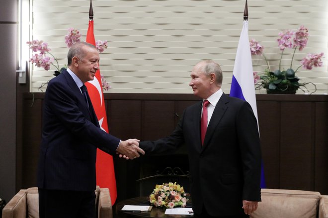 Russian President Vladimir Putin shakes hands with Turkish President Tayyip Erdogan during a meeting in Sochi, Russia September 29, 2021. Sputnik/Vladimir Smirnov/Pool via REUTERS  ATTENTION EDITORS - THIS IMAGE WAS PROVIDED BY A THIRD PARTY.