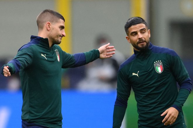 Italijanska aduta Marco Verratti in Lorenzo Insigne med treningom. FOTO: Franck Fife/AFP