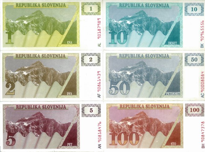Tolarski boni pastelnih barv s podobo Triglava, natisnjeni v celjskem Cetisu in dani v obtok takoj po izteku trimesečnega brionskega moratorija, so simbolizirali slovensko suverenost in nove čase. Foto Bojan Štefančič