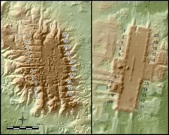 Levo je lidarski posnetek arheološkega najdišča Olmekov v San Lorenzu v Mehiki, desno pa posnetek majevske stavbe Aguada Fenix v mehiški zvezni državi Tabasco. FOTO: Takeshi Inomata/Reuters
