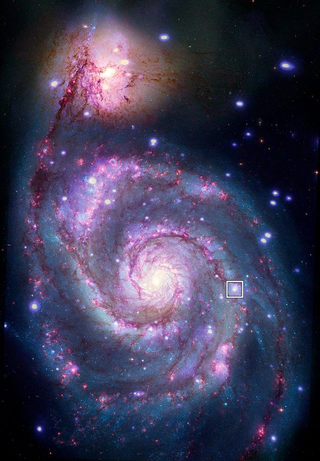 Galaksija Vrtinec, v kvadratku je lokacija planeta. FOTO: X-ray: NASA/CXC/SAO/R. DiStefano, et al.; NASA/ESA/STScI/Grendler 
