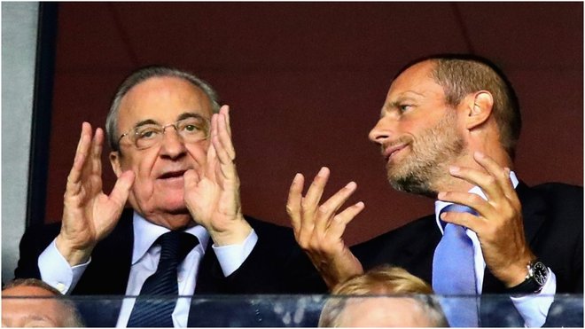 Florentino Perez je nagovoril člane kraljevskega kluba in požel aplavze, a med drugim ni pozabil okrcati Evropske nogometne zveze in njenega predsednika Aleksandra Čeferina. FOTO: Arhiv Uefa

