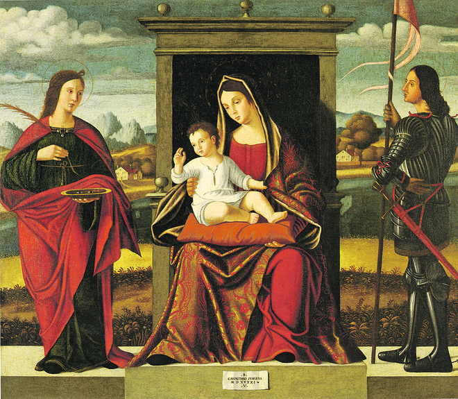 Benedetto Carpaccio: Marija in otrok med sv. Lucijo in sv. Jurijem, olje na platnu, 1541. Slika je bila prvotno v cerkvi v Luciji, pozneje v stavbi občine Piran, od koder je bila odpeljana v Italijo. Zdaj je v tržaškem muzeju Sartorio, skupaj z več drugimi, ki so jih odnesli iz slovenske Istre. FOTO:&nbsp;promocijsko gradivo
