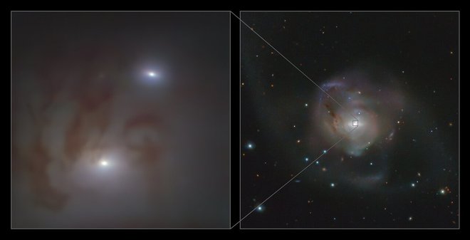 Črni luknji sta v galaksiji NGC 7727. Razdalja med njima je 1600 svetlobnih let.&nbsp;FOTO:&nbsp;ESO/Voggel et al.; ESO/VST ATLAS
