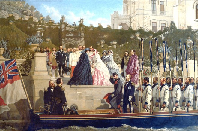 Prihod cesarice Elizabete (Sissi) v Miramar 18. maja 1861. Na sliki se pozdravljata Sissi in Charlotte (v rožnati obleki), na čolnu sta Franc Jožef in nadvojvoda Ferdinand Maksimilijan.

FOTO: Muzej gradu Miramar
