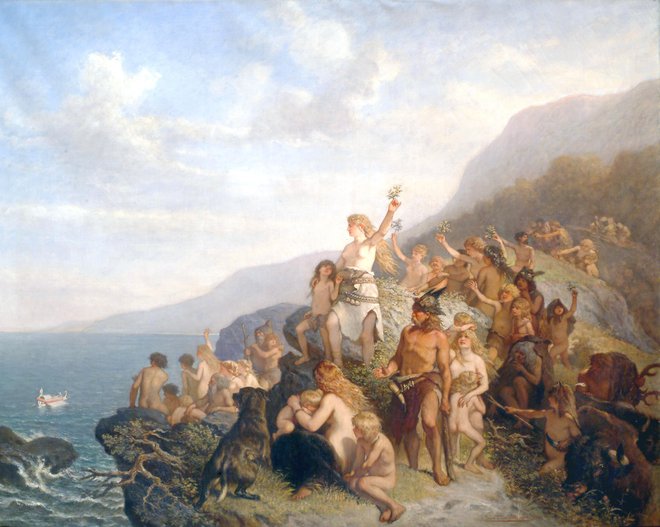 Prvi prebivalci Grljana gledajo plutje ladij Argonavtov. Olje na platnu 126 X 151 cm. Naslikano 1867. Foto Muzej Gradu Miramar
