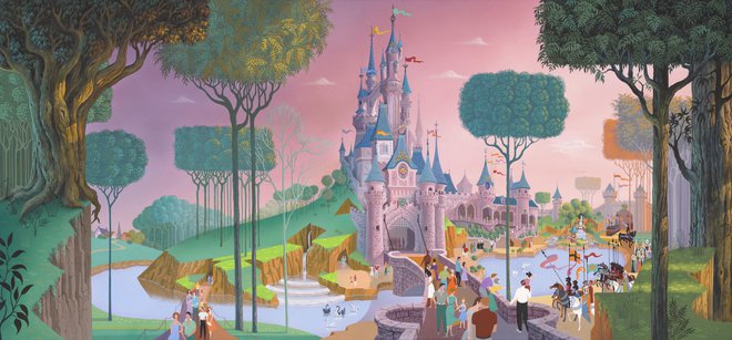 Disneyjevi umetniki so se tudi pri gradovih v tematskih parkih naslanjali na francosko in nemško arhitekturo. Tako si je Frank Armitage zamislil grad Trnuljčice za pariški Disneyland leta 1988. Odprli so ga leta 1992. FOTO: Walt Disney Imagineering Collection
