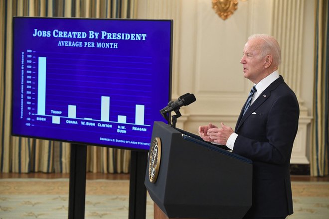 Demokratski predsednik Joe Biden med poudarjanjem dobrih zaposlovalnih in gospodarskih statistik.Foto Saul Loeb/Afp
