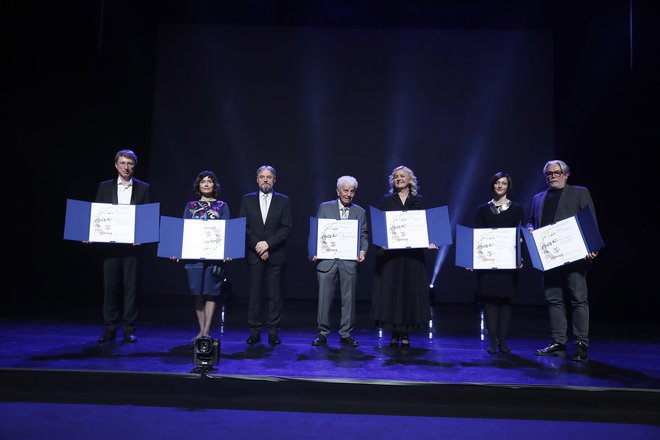 Prešernovi nagrajenci na državni proslavi ob slovenskem kulturnem prazniku. FOTO: Leon Vidic
