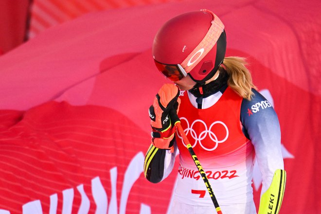 Mikaela Shiffrin (na fotografiji) po nastopu na veleslalomski preizkušnji. FOTO: Francois-Xavier Marit/AFP
