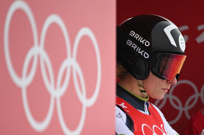 Ilka Štuhec v štartni hišici na vrhu proge v&nbsp;Yanqingu. FOTO:&nbsp;Fabrice Coffrini/AFP
