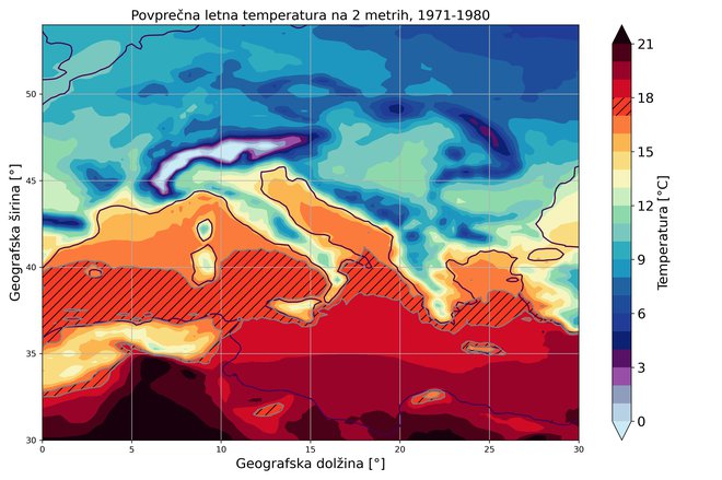 Primerjava grafik kaže premik klimatskega pasu (označeno s pikami) s povprečno letno temperaturo od 17 do 18 stopinj Celzija za približno 500 kilometrov proti severu v 40 letih.
VIR: Žiga Zaplotnik, na podlagi reanaliz vremena ERA5, ECMWF
