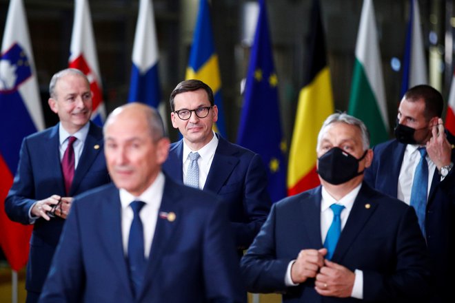 Janez Janša in Viktor Orban v Bruslju oktobra lani. FOTO: Johanna Geron/Reuters
