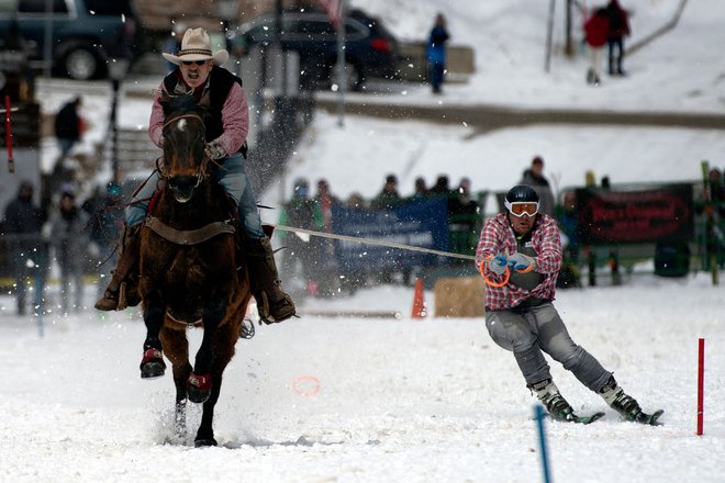 Tudi letos so v Leadvillu v Koloradu izpeljali že 74. različico tekmovanja Leadville skijoring. Dahl (na fotografiji) tekmuje že 27 let zapored in v ekipi sodeluje s svojima sinovoma. Smučarski joring, ki izvira iz Skandinavije, se je z leti prilagodil tako, da ekipo sestavljata tekmovalec in smučar. Smučar mora za točke premagovati skoke, slalomska vratca in s kopjem ujeti čim več obročkov. V Leadvillu, najvišje ležečem mestu v Severni Ameriki z nadmorsko višino 3 094 m, skijoring poteka že od leta 1949. Foto: Jason Connolly/Afp
