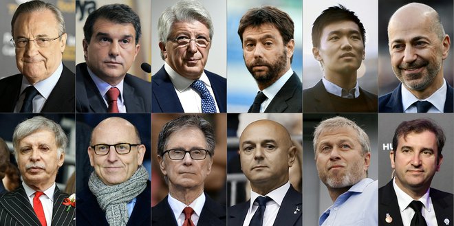 Predsedniki dvanajstih nogometnih klubov (na fotografiji) so lani ustanovili t. i. superligo, ki je propadla v 48 urah. V nesmiselnem projektu so ostali le še Real Madrid, Barcelona in Juventus. FOTO: Giuseppe Cacace/AFP
