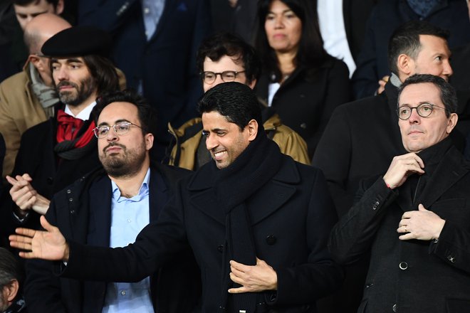 Naser Al-Helaifi na tekmi z Marseillom v Parizu leta 2019. FOTO: Franck Fife/AFP
