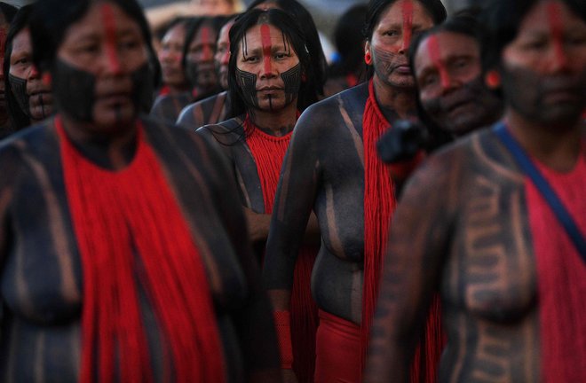 Ženske iz plemena Kayapo izvajajo obred na prvi dan tabora avtohtonih prebivalcev Terra Livre v Brasilii. FOTO: Carl De Souza/AFP
