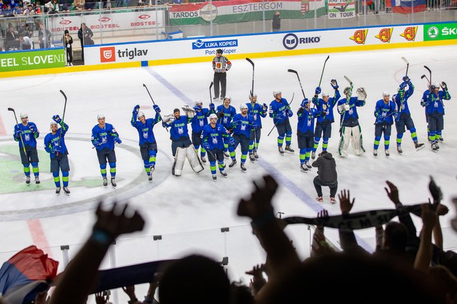 Slavje slovenskih hokejistov z navijači po koncu tekme v Tivoliju. FOTO: Voranc Vogel/Delo
