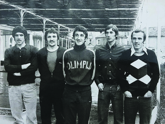 Danilo Popivoda, Radoslav Bečejac, Ivan Pejović, Vili Ameršek in Brane Oblak (z leve) so se podpisali pod najuspešnejšo sezono Olimpije v 1. zvezni jugoslovanski ligi. Foto Sport
