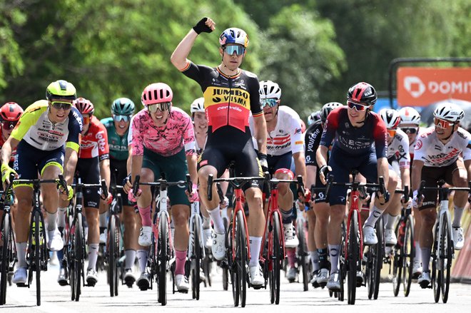 Wout Van Aert proslavlja v cilju 192 km dolge etape med mestoma&nbsp;La Voulte-sur-Rhone in Beauchastel. FOTO: Marco Bertorello/AFP
