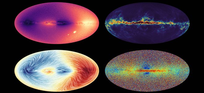 Štirje portreti Galaksije: na zgornjem levem posnetku je uprizorjena hitrost več kot 30 milijonov objektov, večinoma zvezd. Svetli piki spodaj desno sta Mali in Veliki Magellanov oblak. Na spodnjem levem posnetku je prav tako prikazana hitrost zvezd, in sicer okoli 26 milijonov zvezd. V modrem so zvezde, ki se premikajo proti nam, v rdečem od nas. Na zgornjem desnem posnetku je razviden galaktični prah, na spodnjem desnem pa kemična sestava zvezd. Foto Esa/Gaia/DPAC
