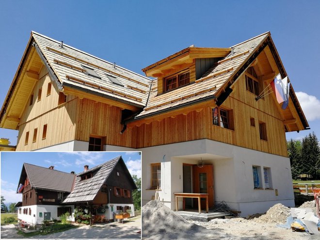 Stara in nova koča na Uskovnici. Nova ima delno status rekonstrukcije, saj so manjši del ohranili. FOTO: Planinsko društvo Srednja vas v Bohinju
