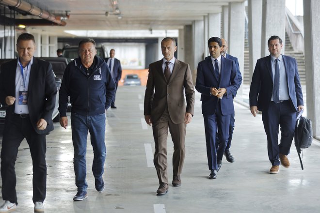 Aleksander Čeferin in Naser Al-Helaifi&nbsp;sta bila konec minulega tedna glavna govorca na SPORTO konferenci v Ljubljani.&nbsp;FOTO: Jože Suhadolnik/Delo
