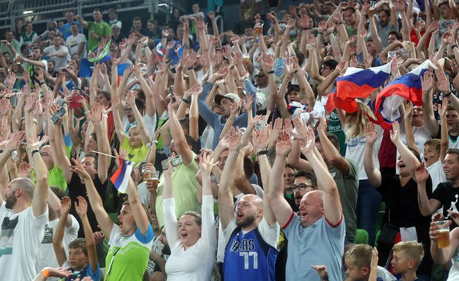 Slovenski navijači med kvalifikacijsko tekmo članske izbrane vrste v dvorani Stožice proti Hrvaški. FOTO: Blaž Samec/Delo
