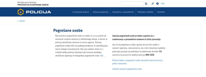 Slovenska policija ima podatke o vseh pogrešanih slovenskih državljanih zbrane na svoji spletni strani
