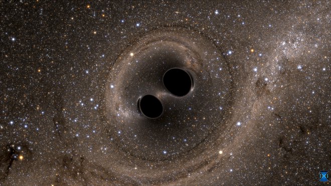 Zlitje dveh črnih lukenj skozi prostor-čas ponesejo gravitacijski valovi, ki jih je človeštvo prvič zaznalo septembra leta 2015. To valovanje je napovedal Albert Einstein. Foto Simulating eXtreme Spacetimes/Reuters
