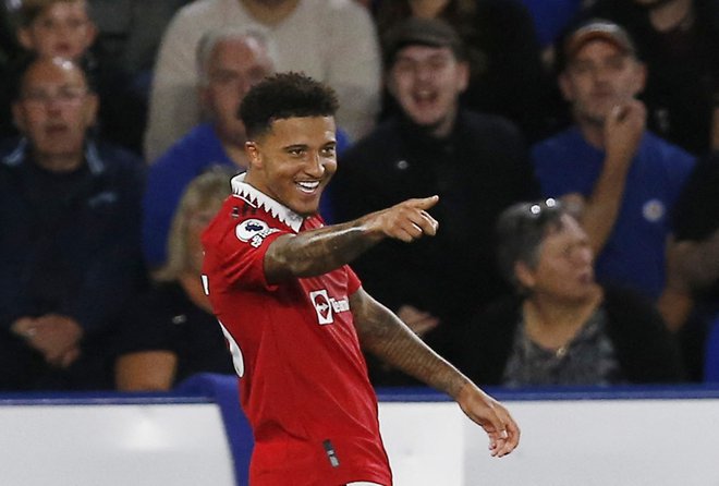 Jadon Sancho se je takole veselil edinega gola na tekmi. FOTO: Craig Brough/Reuters
