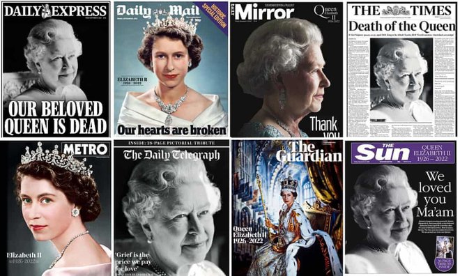 Naslovnice britanskih časopisov dan po smrti kraljice Elizabete II. FOTO: The Guardian, sestavljeno iz: Daily Express/Daily Mail /Mirror /The Time /Metro/The Daily Telegraph/The Sun
