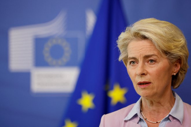 Predsednica evropske komisije Ursula von der Leyen bo&nbsp;v letnem nagovoru&nbsp;spregovorila o dosežkih v preteklem letu in načrtih komisije za prihodnje. FOTO: Johanna Geron/Reuters
