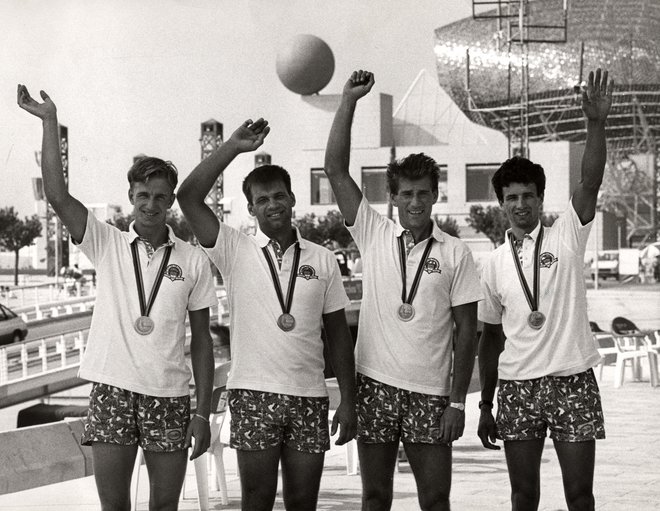 Barcelona, 2. avgust 1992 &ndash; Jani Klemenčič, Sašo Mirjanič, Milan Janša in Sadik Mujkić. FOTO: Igor Modic
