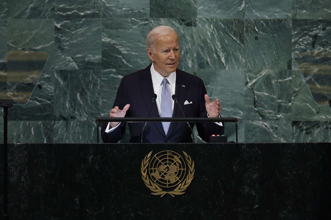 Ameriški predsednik Joe Biden med govorom na splošni razpravi 77. generalne skupščine OZN. FOTO:&nbsp;Anna Moneymaker/AFP
