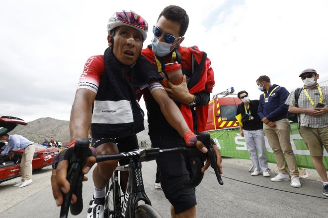 Nairo Quintana po 11. etapi letošnje dirke po Franciji na Col du Granon Serre Chevalierju. FOTO: Christian Hartmann/Reuters
