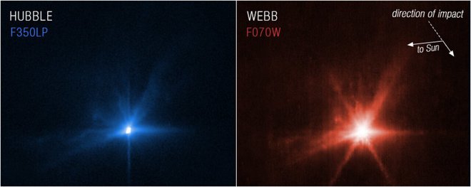 Prvič sta Webb in Hubble sočasno opazovala isto nebesno telo. To je bil Dimorfos, v katerega se je v torek zaletela sonda Dart, s čimer so preskusili, ali lahko na tak način premaknejo asteroid.&nbsp;

Opazovalne podatke Hubbla in Webba bodo znanstveniki uporabili predvsem za razumevanje sestave asteroida.&nbsp; FOTO: Nasa, Esa, CSA,&nbsp;STSCI
